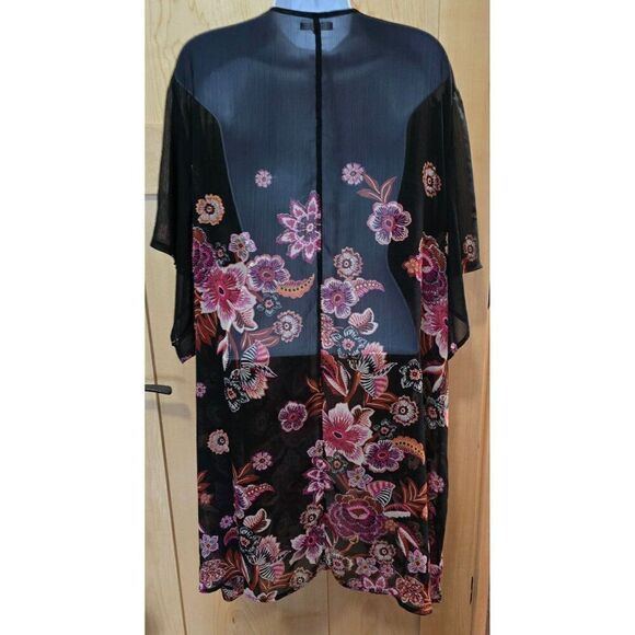 Floral Sheer Kimono Cardigan Black & Pink Boho Style Open Front Womens - Picture 7 of 9